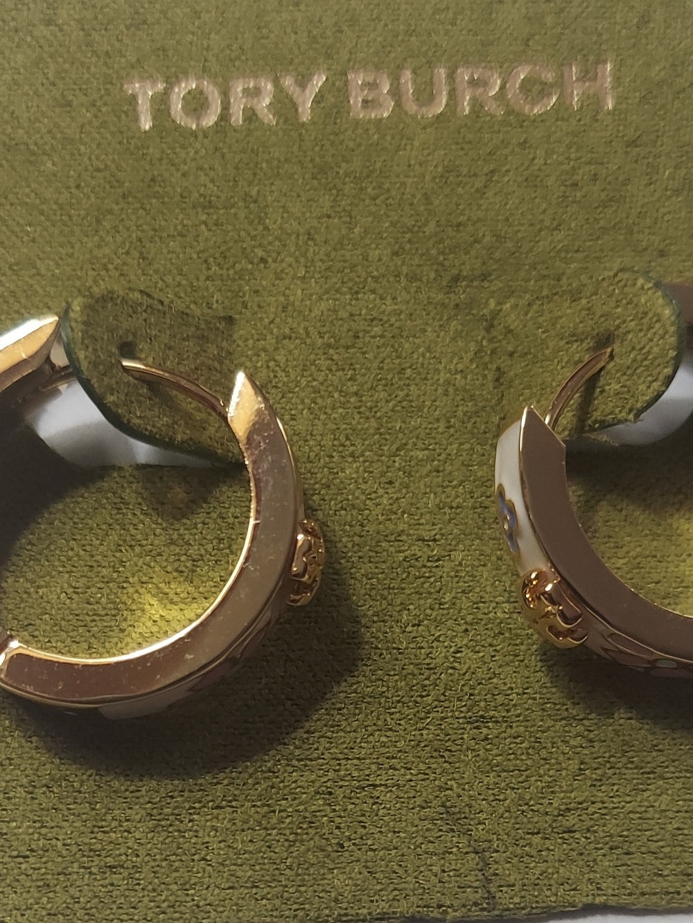 Tory Burch Gold Hoop Earrings with White and Pink Enamel Accents